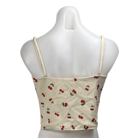 RESA Cream Red Cherry Print Sleeveless Corset Bustier Button Cami Crop Top M - Picture 2 of 3